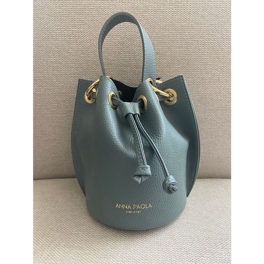 Anna Paola Leather Bucket Bag Slate Blue‎ Purse Chain Crossbody Strap